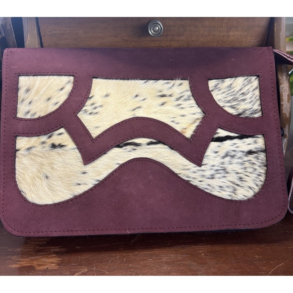 VINTAGE Burgundy SUEDE LEATHER Clutch Purse Rabbit Fur Accent